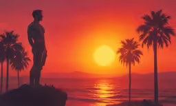 man standing on beach with palm trees, while sun is setting