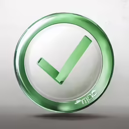a shiny green check mark button with a light gray background