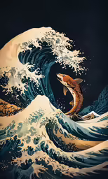 a painting of a fish swimming on the waves in the ocean