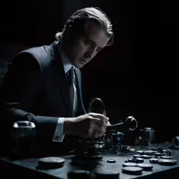 a man with a suit and tie is looking through a magnifying glass
