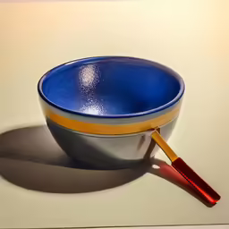 a blue and yellow bowl on a white table