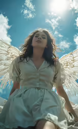 an angel sitting down on the ground looking up at the sky