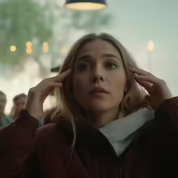 the young woman is wearing a brown jacket
