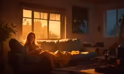 a woman is sitting in her room with a glass and a blanket