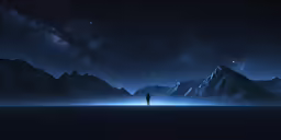 the silhouette of a person is standing in front of snow covered mountains and the starry sky