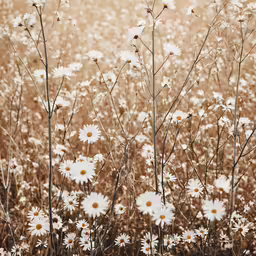 a large field of white wild flowers with brown stems