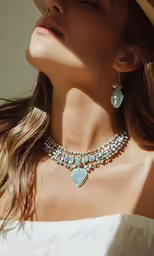 a woman wearing a hat, jewelry and a necklace