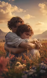 two children hugging each other while one of them has her arms around the others shoulders