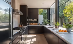modern kitchen with lots of counter space and a long island