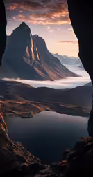 the view looking out from a cave overlooking a lake
