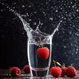 a glass with liquid and strawberries is next to it