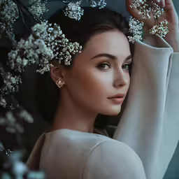 a woman in a grey top is holding a flower crown