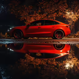 a red sports car on the side of a lake at night