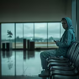 a person using a cellphone in an airport
