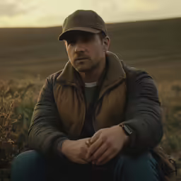a man with a hat sits in a field