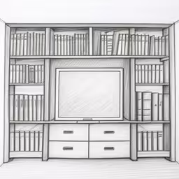 pencil drawing of a bookshelf with tv in the center,the drawing shows the television in the book case,a drawing of a book shelf with books,an empty entertainment center with bookcases and a television,the drawing is of a room with shelves and bookshelves