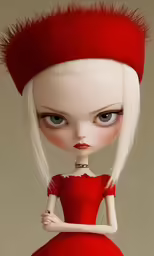 an animated doll with bangs and red dress