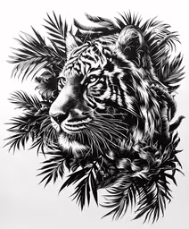 tiger in black and white with palm trees,the tiger with feathers and tropical leaves, black on white