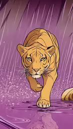 a cartoon picture of a tiger walking in the rain