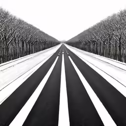a straight road is lined with trees in the snow