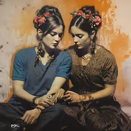 an old photo of two girls sitting together