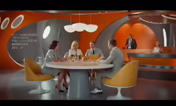 a tv screen showing people sitting around a table