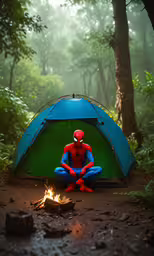 a spider man sitting near a camp fire in the forest,a spider man sitting in front of a fire with an open tent on a forest trail