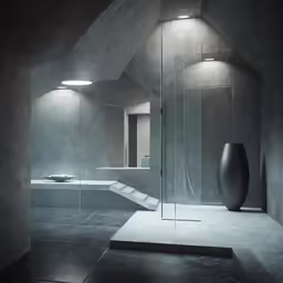 a bathroom that has a tall vase on the ground