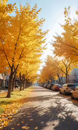 yellow trees line a residential street in an autumn climate