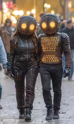 two people wearing alien looking helmets walk down the street