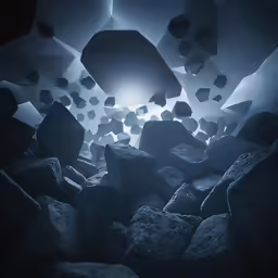 a group of rocks and boulders with some lights in the background