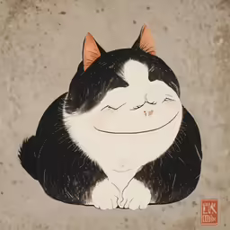 a black and white cat laying on the ground with its eyes closed
