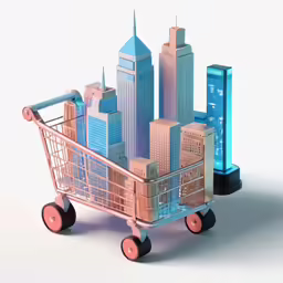 a shopping cart with cityscapes made out of plastic on a white background