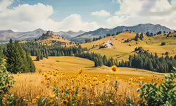 a picture of some mountains, grass, and flowers