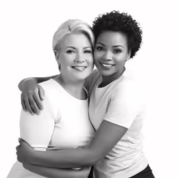 two women are hugging and smiling together