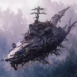 the strange looking object is surrounded by trees