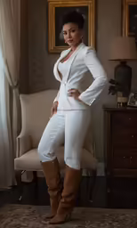 the woman in the white suit is posing for the camera