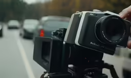 someone holding a camera on the side of the road