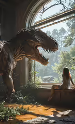 a young girl sitting on a bench near a dinosaur sculpture