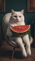 a white cat is sitting on a chair with a watermelon slice