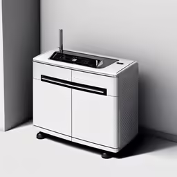 white radio cabinet with a radio hooked up to the side