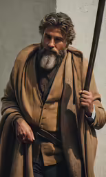 a man holding a stick and wearing a coat