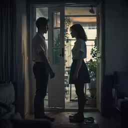 a couple stands in an open room at night