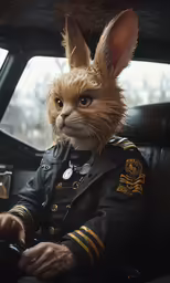 an orange cat wearing a military uniform sitting in a car