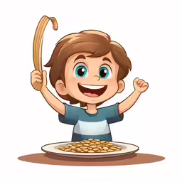 a boy with his arms up in the air, standing in front of a plate of food that is on a white background