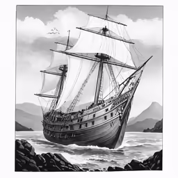 an old ship with people on the deck sailing through the ocean