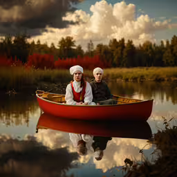 two people sit in a red boat on the water,two people dressed in traditional arabic garb are in a red canoe