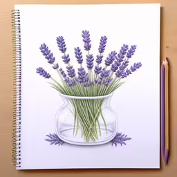 a sketching book with a vase of lavender flowers,a watercolor drawing of a bouquet of lavender flowers in a vase