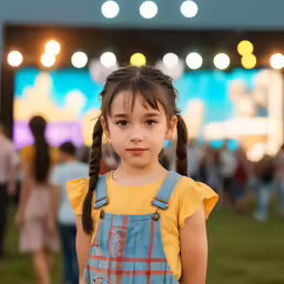 a young girl with a braid in her hair standing on grass