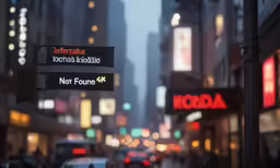 several signs with a city in the background
